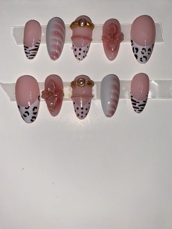 3D Pink White Gold Black Leopard Flower Polka Dot Almond Press-On Nails Set