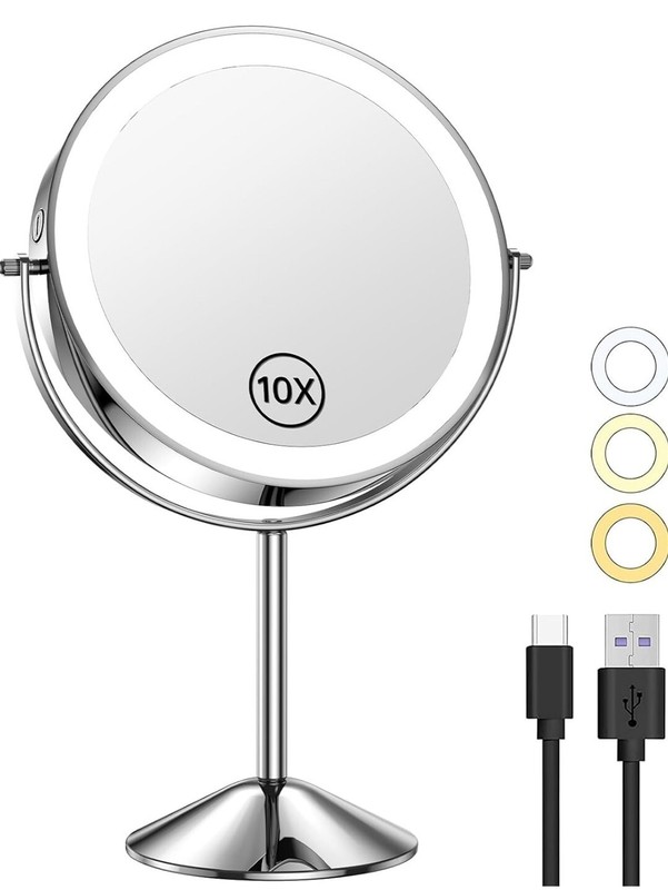 8″ LED 10X Makeup Mirror 1800 Mah Built-in Rechargeable Battery 3 Color Light