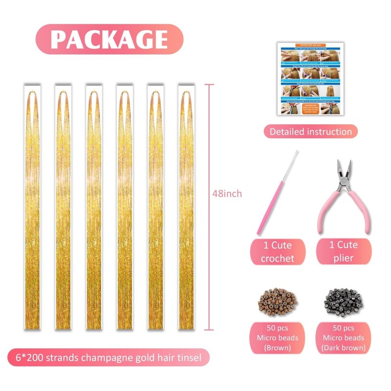 Champagne Gold Hair Tinsel Kit 48 Inches 1200 Strands with Tools and Instruction gallery