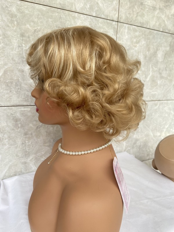 Short Fluffy Curly Wavy Blonde Mix Free Hairstyle Human Hair Blend Heat Ok Wig gallery