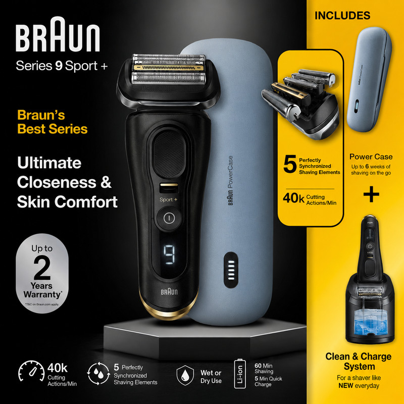 BRAUN Series 9 Sport + Shaver Wet & Dry Clean Charge System & Power Case 9350CC