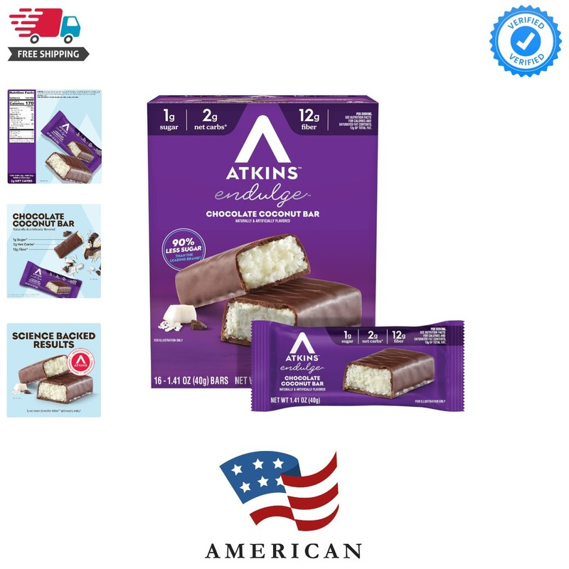 Atkins Endulge Chocolate Coconut Flavored Snack Bar, 1g Sugar, 12g Fiber, Low…