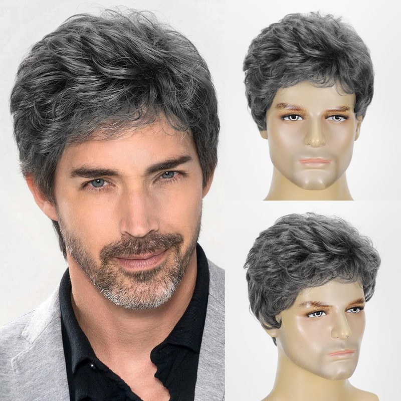 6in Men’s Short Silver Gray Straight Wig Full Heat Resistant Synthetic Cosplay