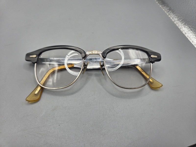 Vtg 50s Cat Eyeglasses Eye Glasses Black Woodgrain Frames USA 5 1/2 12KGF 20