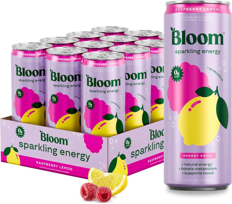 Bloom Nutrition Sparkling Energy Drink Zero Sugar Raspberry Lemon 12oz Prebiotic