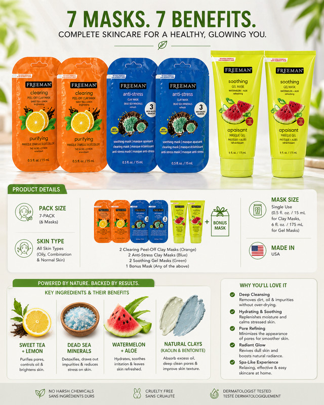 Freeman Face Mask 2 X 3 Set Pack Soothing Clearing Anti-Stress Skincare NEW gallery