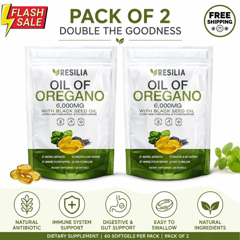2 Sealed Resilia Oil Of Oregano 6,000 Mg, With Black Seed Oil, 60 Softgels Each