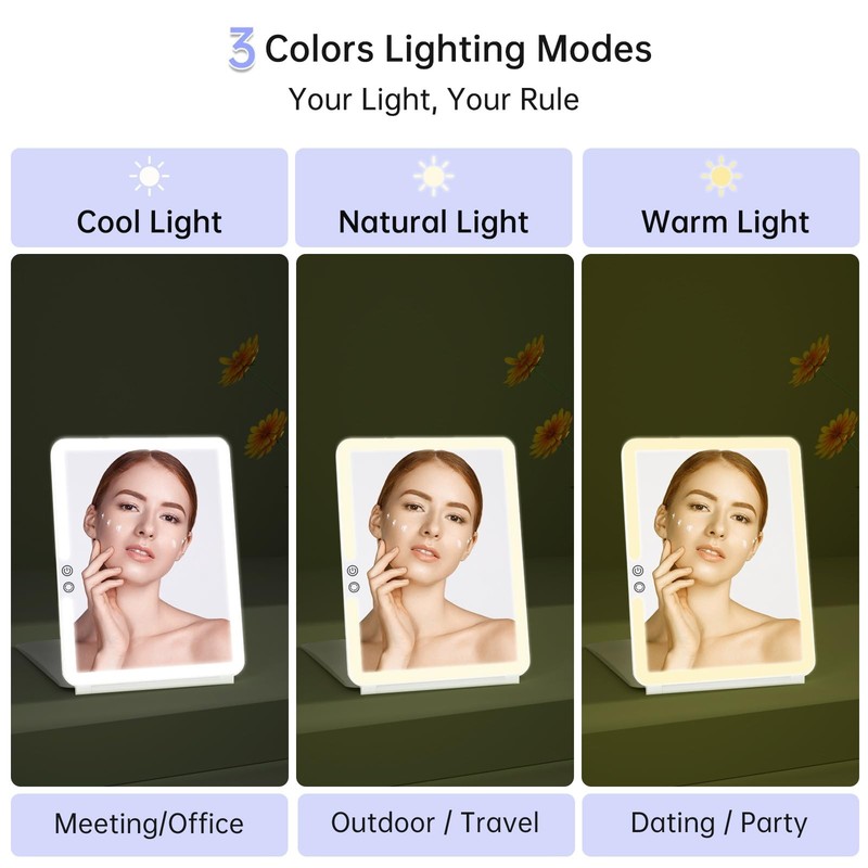 Travel Makeup Mirror Lights 1800mAh 10x7.5 Inch 10X Magnifying 3 Color Fold gallery