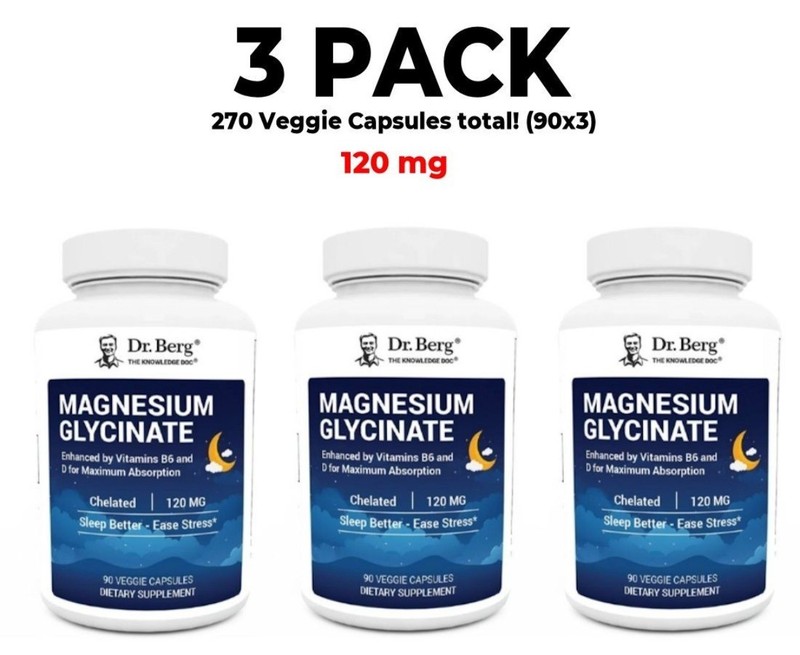 Dr. Berg, Magnesium glycinate, 3 packs, 120mg, 90 capsules per vegetable capsule