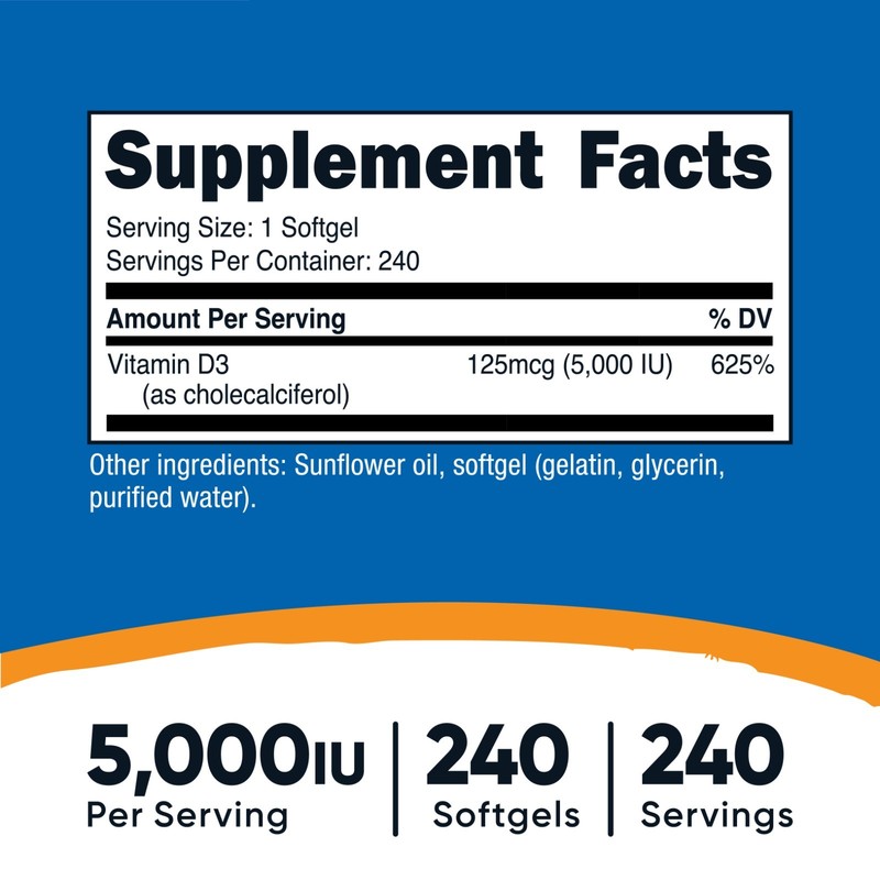 Nutricost Vitamin D3 5,000 IU, 240 Softgels - Gluten Free & Non-GMO gallery