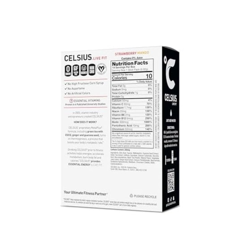 Celsius Essential Energy Powder Drink Mix Sticks Strawberry Mango 14ct 200mg gallery