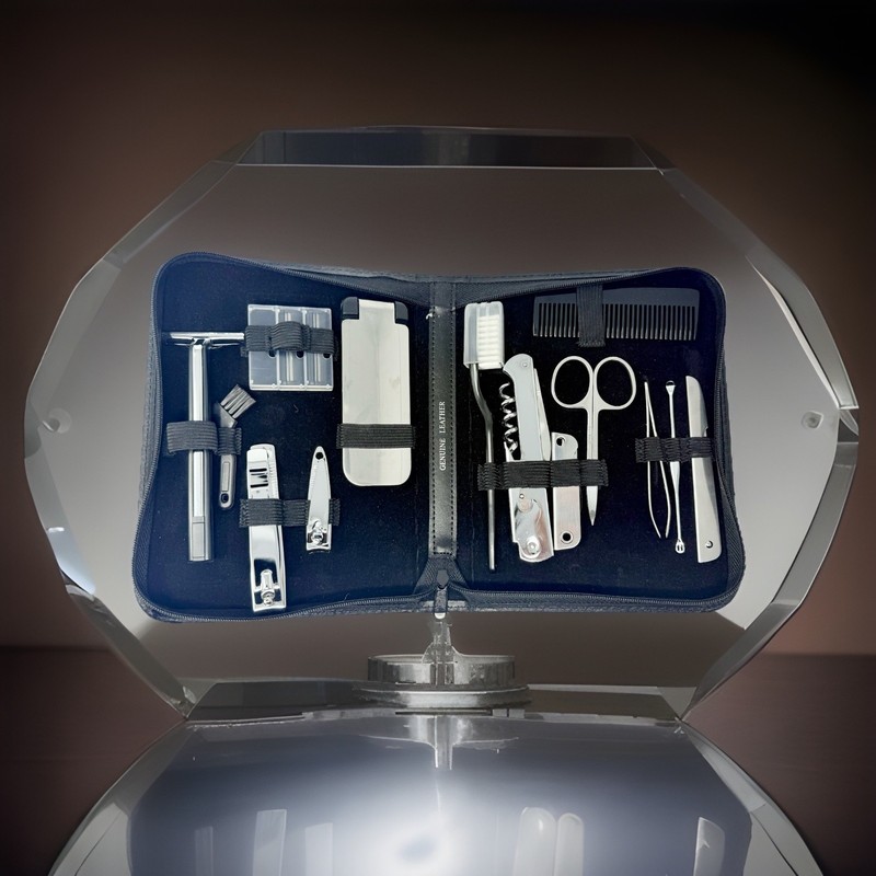 Professional 15-Piece Stainless Steel Grooming Kit Leather Case for Men & Women