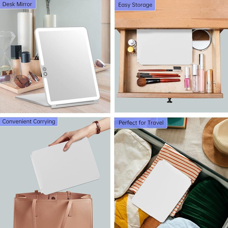 FUNTOUCH 1800mAh Rechargeable Large Travel Makeup Mirror with Lights, White gallery
