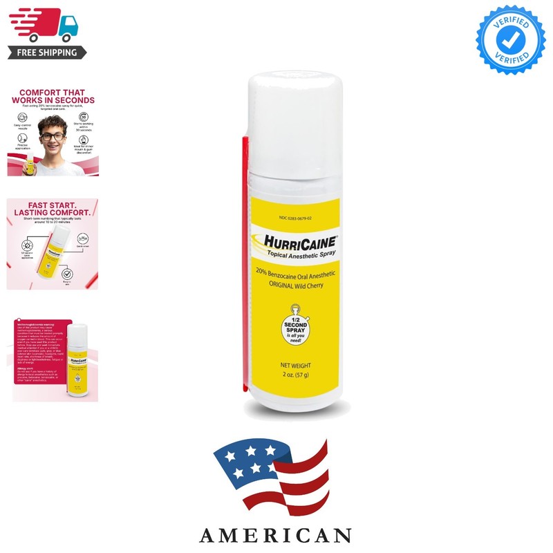HurriCaine 20% Benzocaine Oral Pain Relief Spray, Fast-Acting Topical Anesthe…