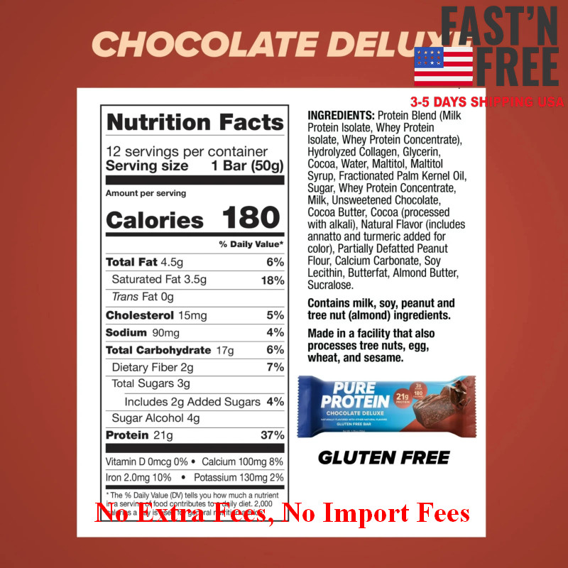 3 x Pure Protein Bar, Chocolate Deluxe, 21g Protein, Gluten Free, 1.76 oz, 12 Ct gallery
