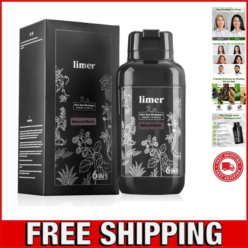 Limer Hair Dye Shampoo Natural Black, 3 in 1 Hair Color for Gray Coverage Men…