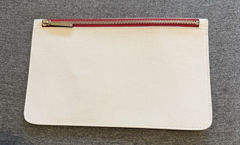 TRUFFLE White leather Makeup Bag Zip Pouch with Red Lining, 10 in x 6.5in gallery