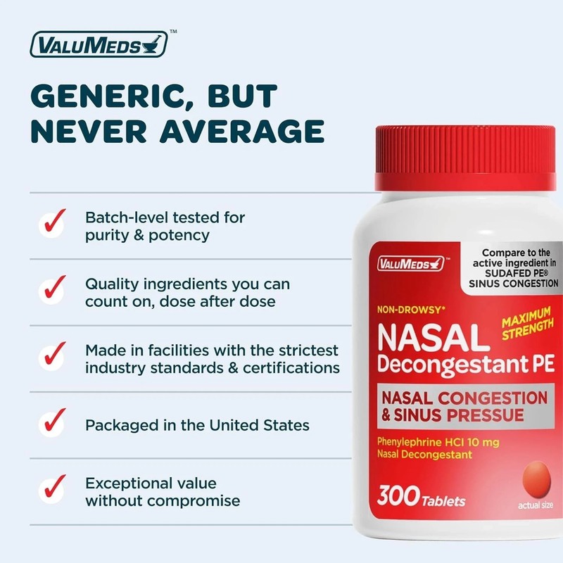 Nasal Decongestant PE Phenylephrine Hcl 10Mg Tablets (Bulk 300 Count) Non-Drowsy gallery