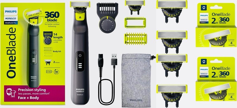 Philips Norelco OneBlade 360 Pro Face + Body Hybrid Electric Trimmer + 4x Blades