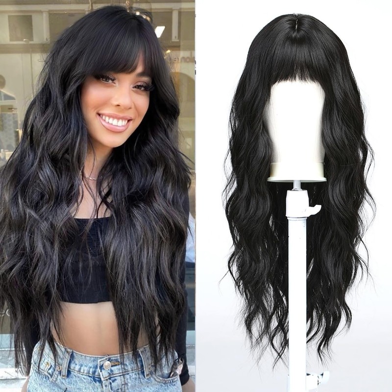 Women Long Ombre Grey Wavy Wigs with Black Root 26″ Synthetic Heat Resistant Wig