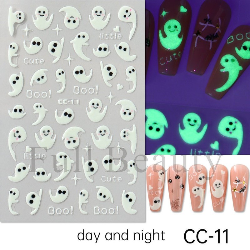 4Pcs Glow in The Dark Halloween Glitter Nail Decals Ghost Spider Web Skull NH30 gallery
