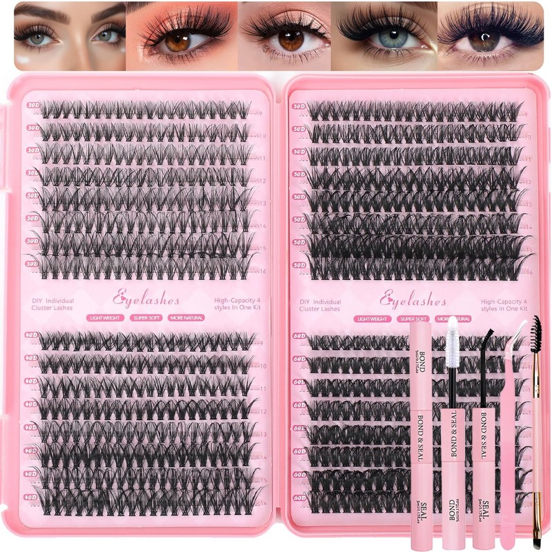 Lash Clusters Kit, 640 Pcs Eyelashes 30D+40D+50D+60D Kit 9-16 mm, Black