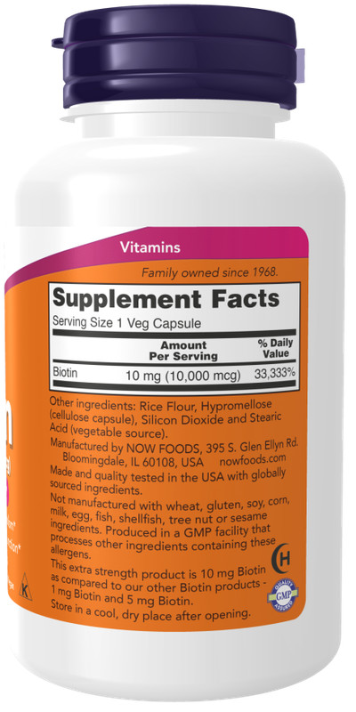 NOW Foods Biotin 10 mg 10,000mcg Extra Strength Veg Capsules 04/2025EXP 10000 gallery