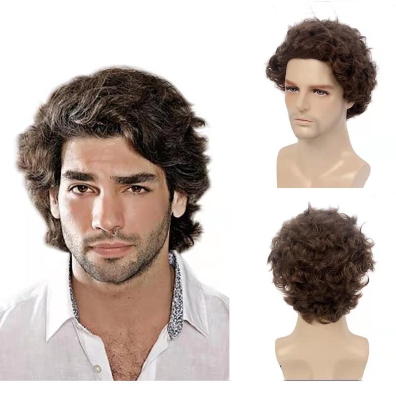 Men’s 12″ Curly Wig Dark Brown Heat Resistant Synthetic Cosplay Party