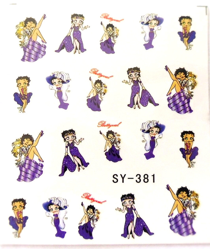 Nail Art Glitter «Purple Feather Betty Boop» Water Transfer Decal Sticker 381