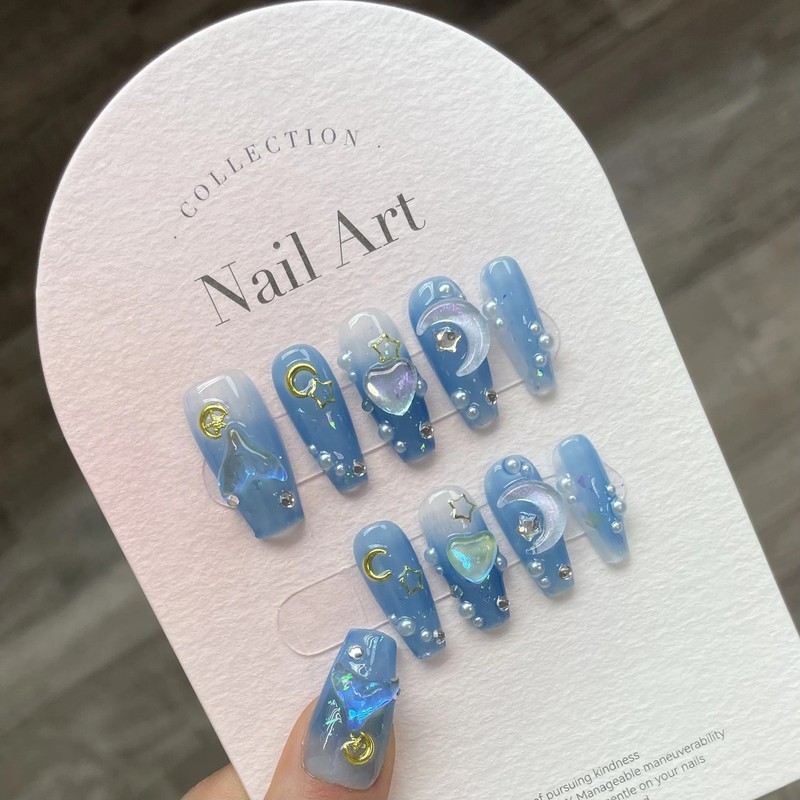 10PCS Handmade Blue Ocean Press On Nails Long Ballet Moon Rhinestone False Nails