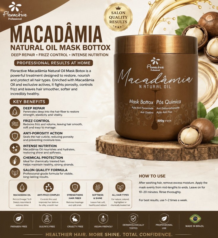 Floractive Professional Macadamia Natural Oil Botox Pós Química Hair Mask 500g