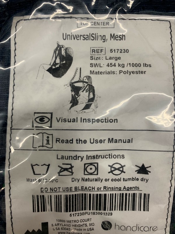New Handicare Universal Sling Mesh MAX 454 kg /1000 Lbs Size Large Ref # 517230