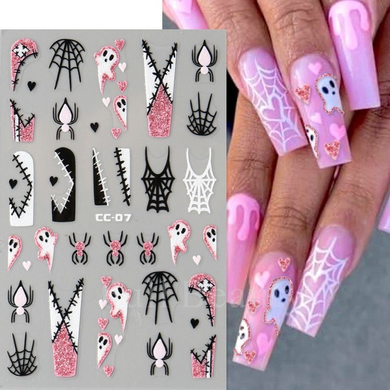 4Pcs Glow in The Dark Halloween Glitter Nail Decals Ghost Spider Web Skull NH30 gallery