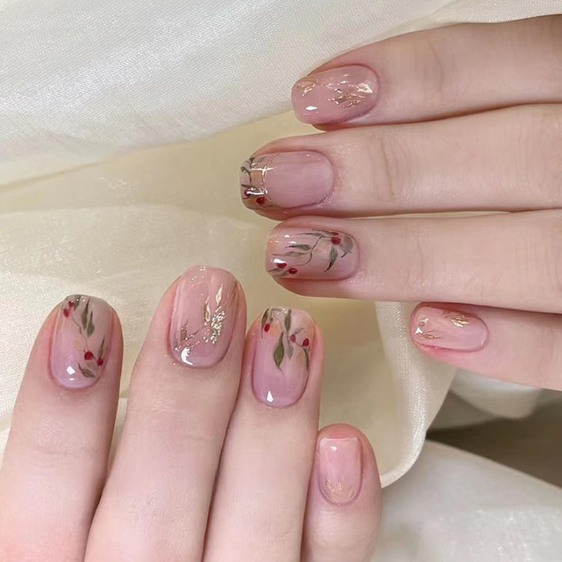 Short Square Press on Nails – Short Fake Nails with Green Gold Leaves Summer Nai