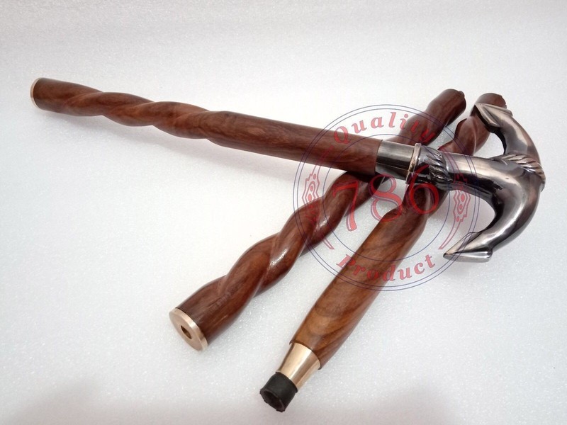 Vintage Brass Anchor Handle Antique Style Victorian Wooden Walking Stick Cane