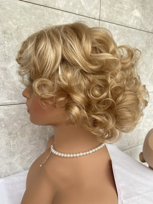 Short Fluffy Curly Wavy Blonde Mix Free Hairstyle Human Hair Blend Heat Ok Wig gallery