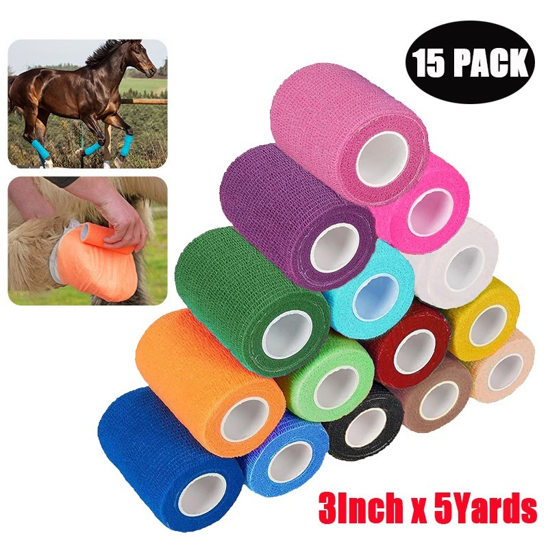 15 Rolls Self Adhesive Bandages Elastic Vet Wrap Tape for Pets Horse Dogs Cats