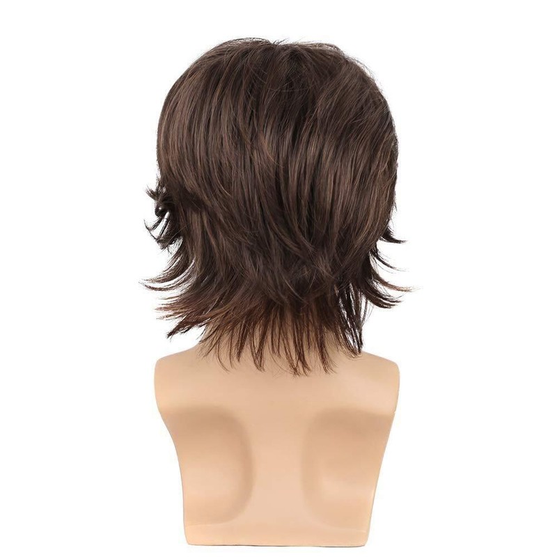 Men Brown Short Wigs Layered Natural Wavy Synthetic Hair Boys Male Wig Bangs USA gallery