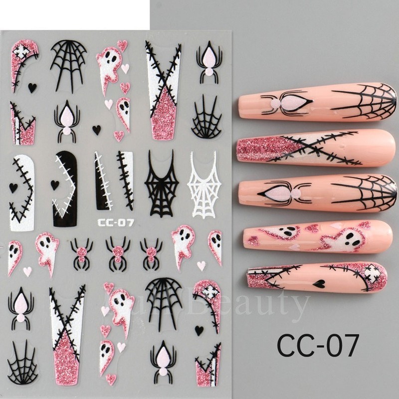 4Pcs Glow in The Dark Halloween Glitter Nail Decals Ghost Spider Web Skull NH30 gallery