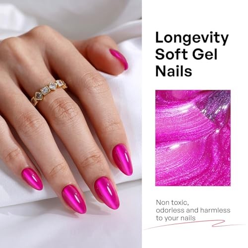 Hot Pink Almond Cat Eye Press on Nails - Soft Gel Short A1-Magenta Rose gallery