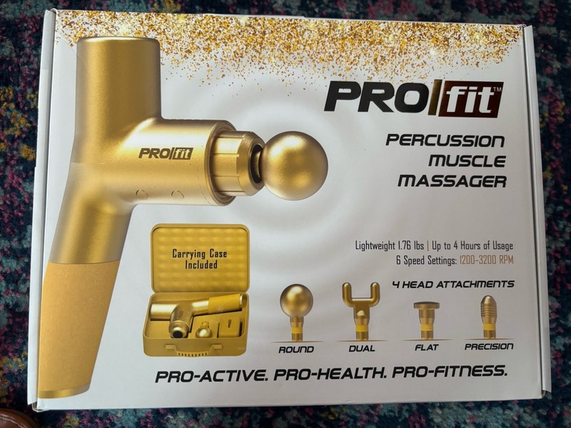 PRO FIT Percussion Muscle Massager Gun With 4 Interchangeable Heads. New