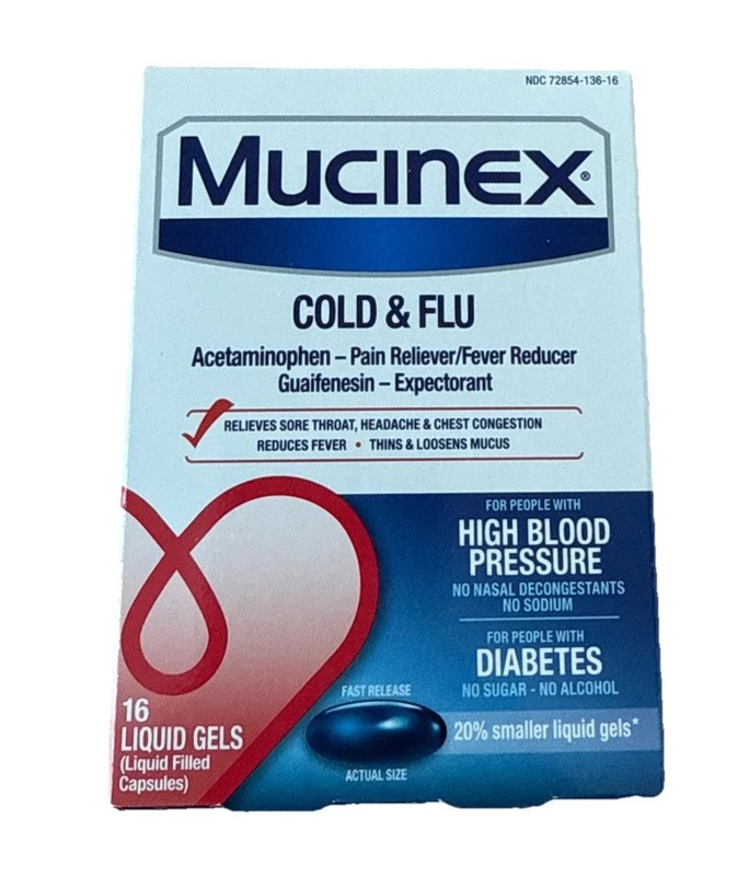 Mucinex Cold & Flu High Blood Pressure / Diabetic 16 Liquid Gels Exp 05/2026