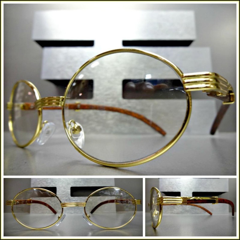 Men’s Classic Retro Hip Hop Style Clear Lens EYE GLASSES Oval Gold & Wood Frame