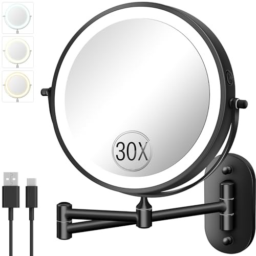 30X/1X Wall Mounted Lighted Makeup Mirror, 8» Double Sided Rechargeable Black