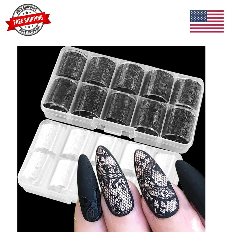 20 Rolls Lace Nail Foil White and Black Nail Transfer Foil Flower Nail Art Fo…