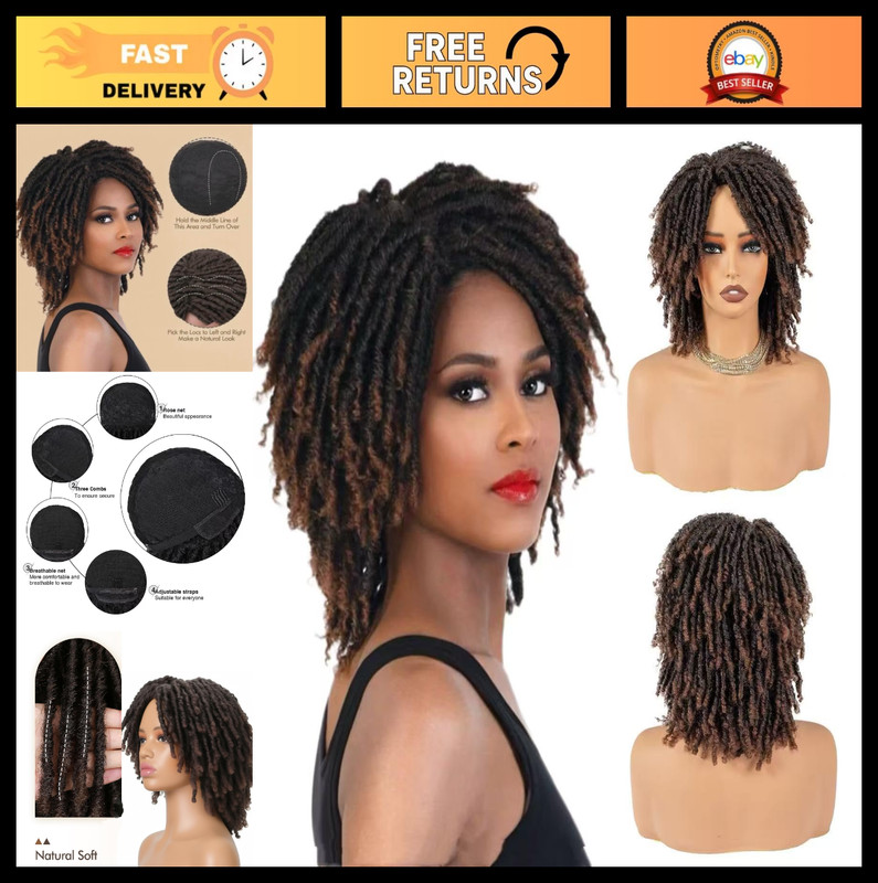 Brown Short Dreadlock Wig for Women & Men, Synthetic Afro Twist Faux Locs Curly