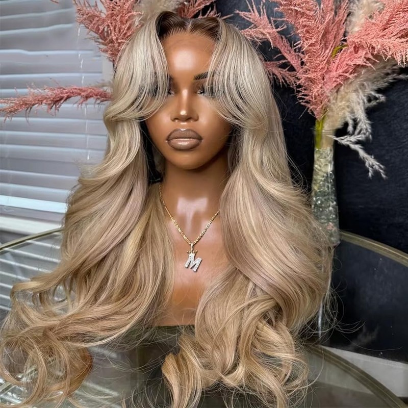 HUMAN HAIR BLENDED BODYWAVE OMBRE BLONDE LACE FRONT WIGS