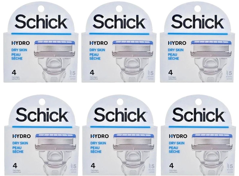 Schick Hydro Dry Skin 5 Blades Razor 4 Refills/ 6 Packs Total 24 Cartridges