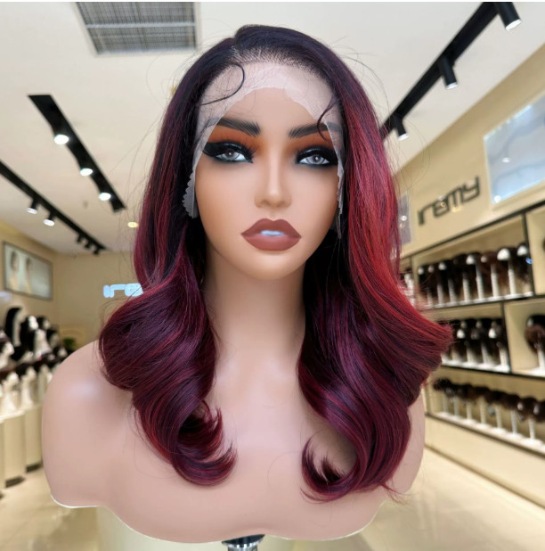 13*6 Inches Lace Front Wavy Rooted Burgundy Heat Resistant Fiber Wigs Women Soft