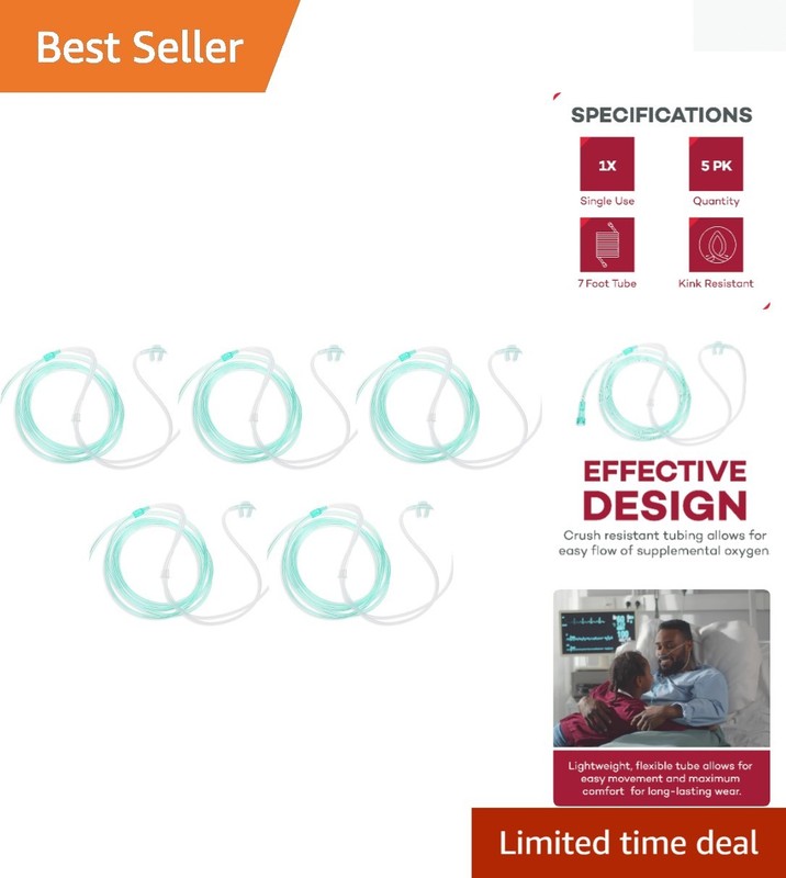 Kink Resistant 7ft Adult Nasal Cannula – Lightweight & Highly Visible, 5 Count
